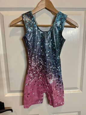 Girls Gradient Splatter Gymnastics Leotard Romper - Blue to Pink 9-10yrs